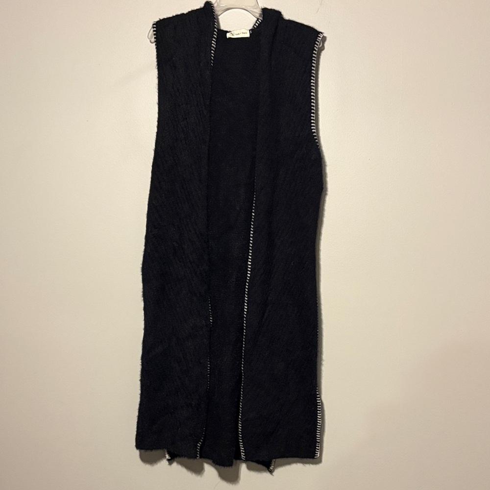 Faith + Linen Black Sleeveless Open long Vest with hood, soft sz S/M